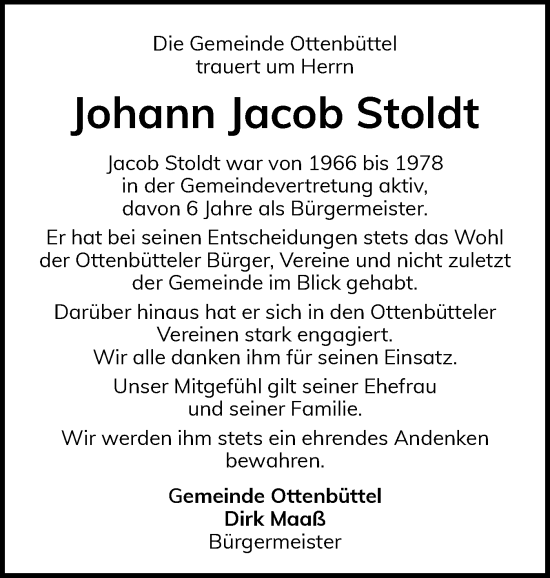 Traueranzeige von Johann Jacob Stoldt von Norddeutsche Rundschau, Wilstersche Zeitung, Glückstädter Fortuna