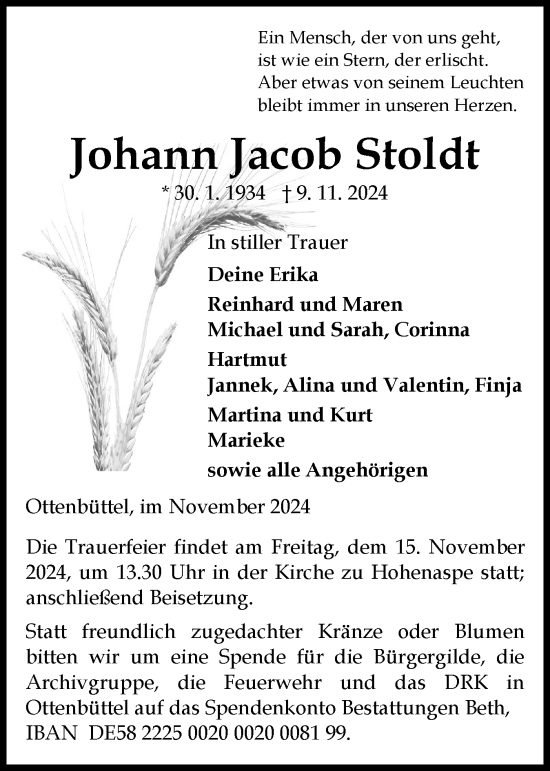 Traueranzeige von Johann Jacob Stoldt von Norddeutsche Rundschau, Wilstersche Zeitung, Glückstädter Fortuna