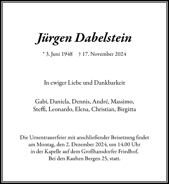 Traueranzeige von Jürgen Dabelstein von Stormaner Tageblatt