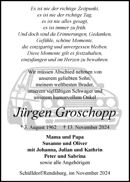 Traueranzeige von Jürgen Groschopp von Schleswig-Holsteinische Landeszeitung