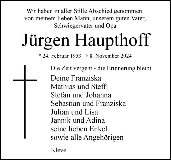 Traueranzeige von Jürgen Haupthoff von Norddeutsche Rundschau, Wilstersche Zeitung, Glückstädter Fortuna