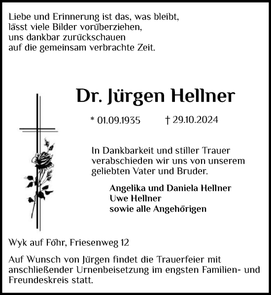 Traueranzeige von Jürgen Hellner von Der Insel-Bote