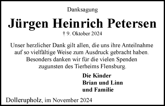 Traueranzeige von Jürgen Heinrich Petersen von Flensburger Tageblatt