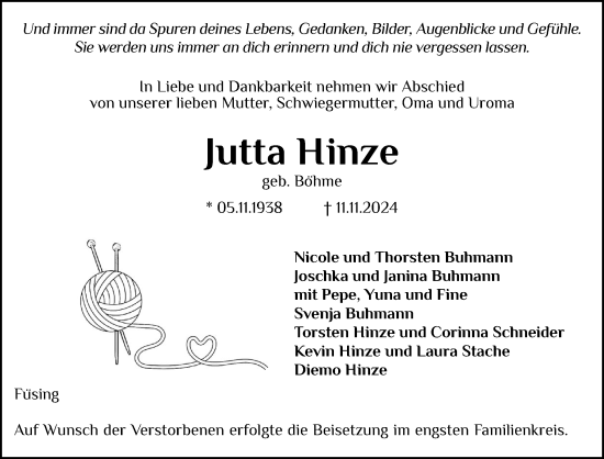 Traueranzeige von Jutta Hinze von Schleswiger Nachrichten, Schlei-Bote