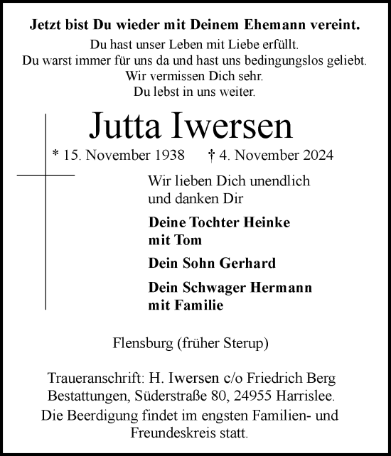 Traueranzeige von Jutta Iwersen von Flensburger Tageblatt