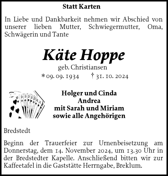 Traueranzeige von Käte Hoppe von Husumer Nachrichten, Nordfriesland Tageblatt