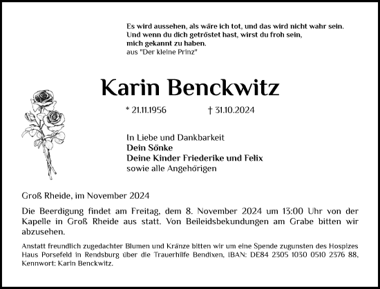 Traueranzeige von Karin Benckwitz von Schleswiger Nachrichten, Schlei-Bote