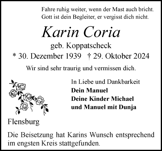 Traueranzeige von Karin Coria von Flensburger Tageblatt