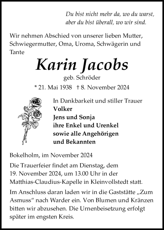 Traueranzeige von Karin Jacobs von Schleswig-Holsteinische Landeszeitung