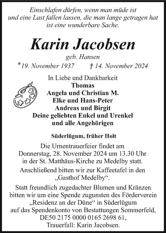 Traueranzeige von Karin Jacobsen von Region Flensburg