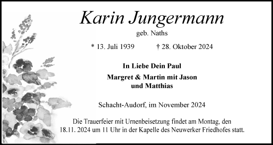 Traueranzeige von Karin Jungermann von Schleswig-Holsteinische Landeszeitung