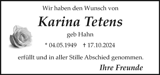 Traueranzeige von Karina Tetens von Sylter Rundschau