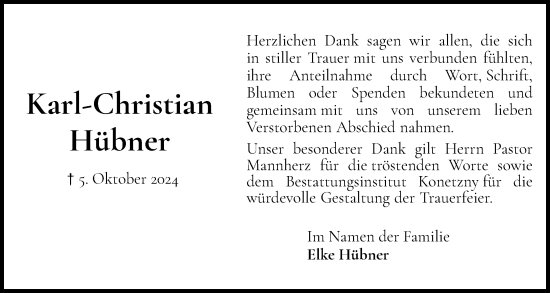 Traueranzeige von Karl-Christian Hübner von Elmshorner Nachrichten, Barmstedter Zeitung