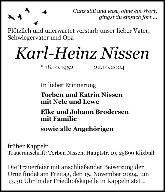 Traueranzeige von Karl-Heinz Nissen von Schleswiger Nachrichten, Schlei-Bote