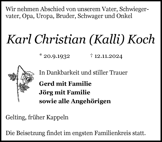 Traueranzeige von Karl  Koch von Schleswiger Nachrichten, Schlei-Bote