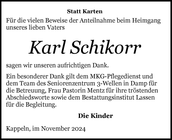 Traueranzeige von Karl Schikorr von Schleswiger Nachrichten, Schlei-Bote