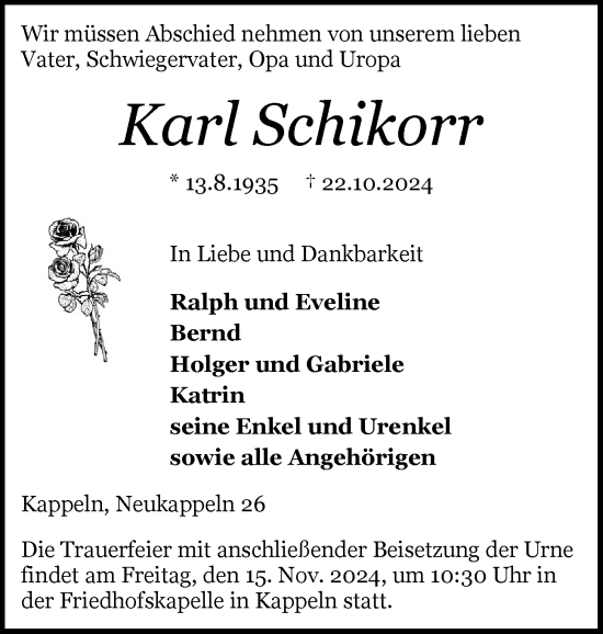 Traueranzeige von Karl Schikorr von Schleswiger Nachrichten, Schlei-Bote