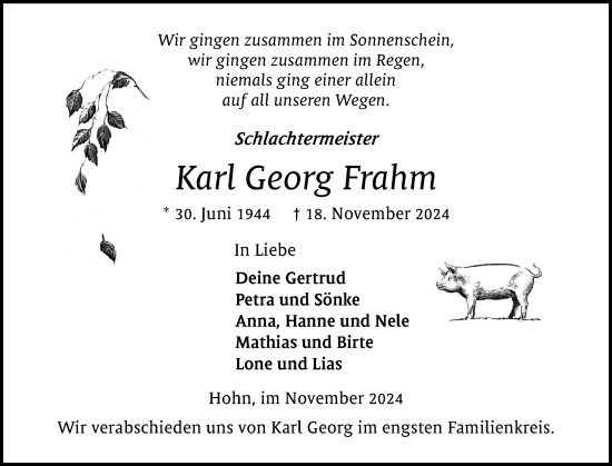 Traueranzeige von Karl Georg Frahm von Schleswig-Holsteinische Landeszeitung