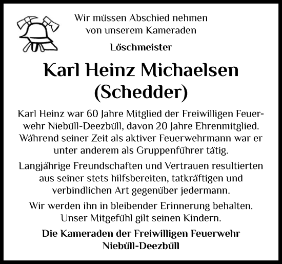 Traueranzeige von Karl Heinz Michaelsen von Husumer Nachrichten, Nordfriesland Tageblatt