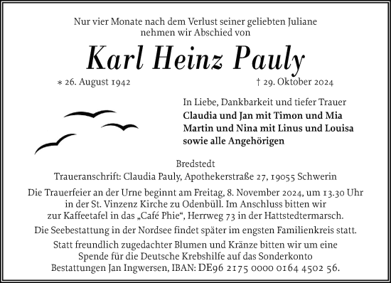 Traueranzeige von Karl Heinz Pauly von Husumer Nachrichten, Nordfriesland Tageblatt