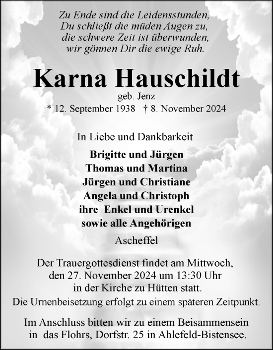 Traueranzeige von Karna Hauschildt von Eckernförder Zeitung, Hallo Eckernförde