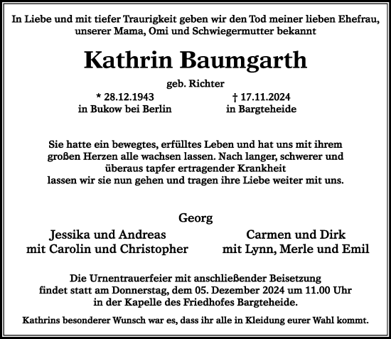 Traueranzeige von Kathrin Baumgarth von Stormaner Tageblatt