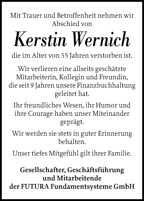 Traueranzeige von Kerstin Wernich von Schleswiger Nachrichten, Schlei-Bote