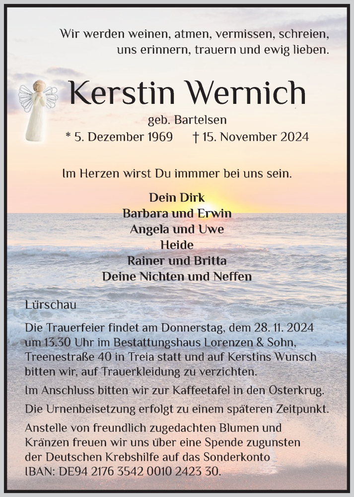  Traueranzeige für Kerstin Wernich vom 23.11.2024 aus Schleswiger Nachrichten, Schlei-Bote