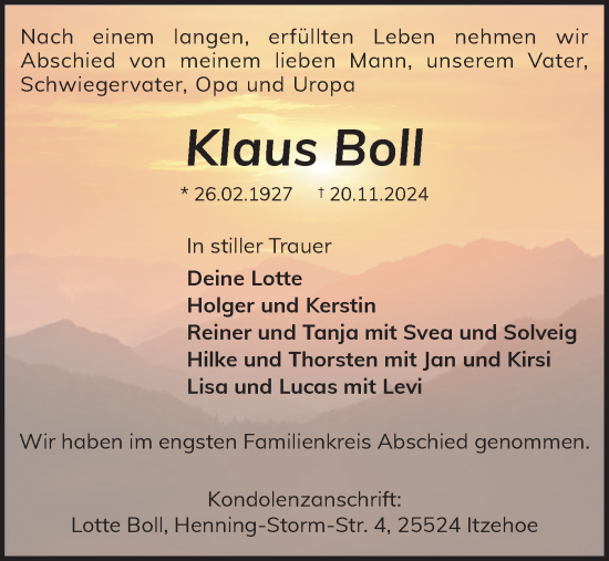 Traueranzeige von Klaus Boll von Norddeutsche Rundschau, Wilstersche Zeitung, Glückstädter Fortuna