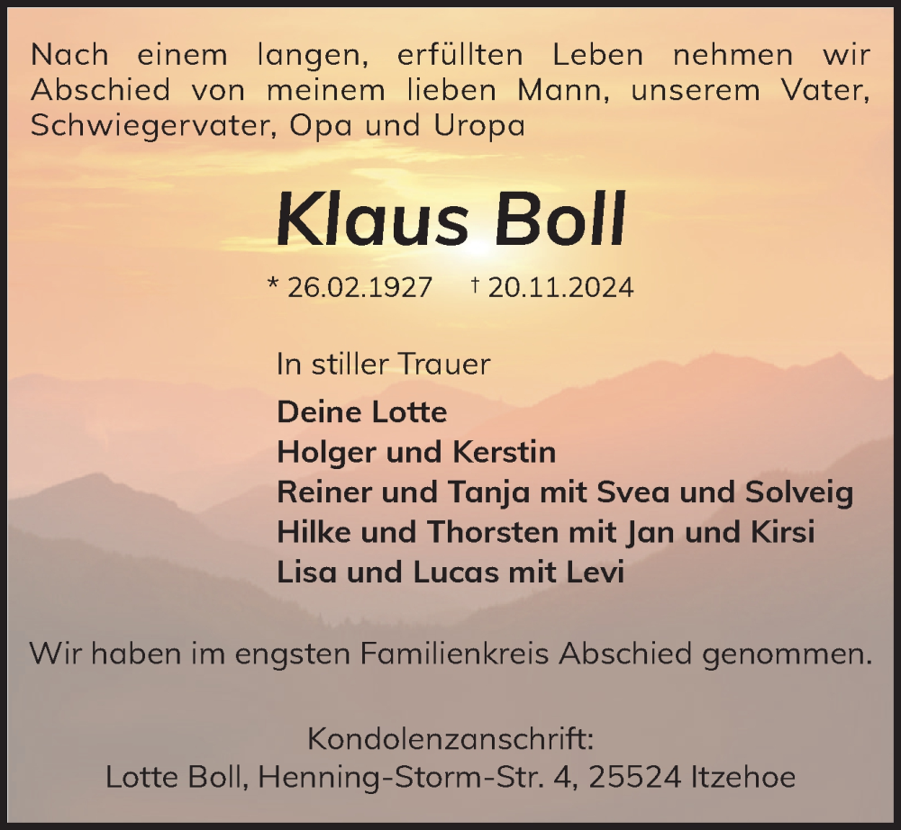  Traueranzeige für Klaus Boll vom 30.11.2024 aus Norddeutsche Rundschau, Wilstersche Zeitung, Glückstädter Fortuna