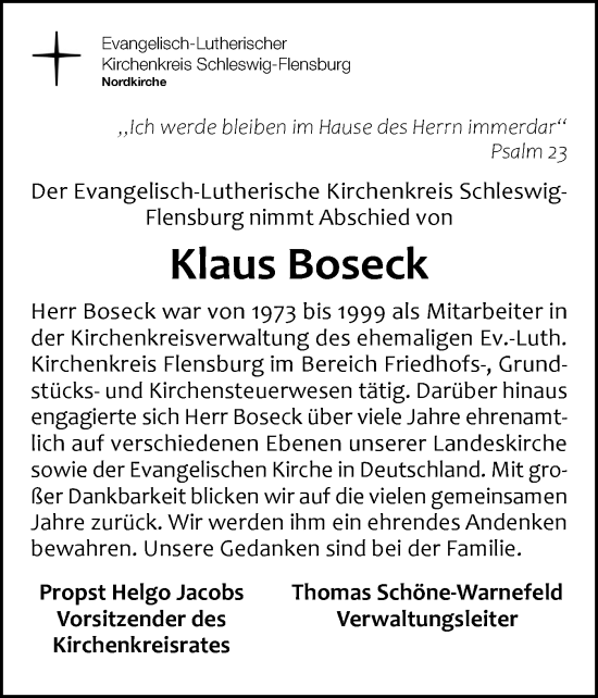 Traueranzeige von Klaus Boseck von Region Flensburg