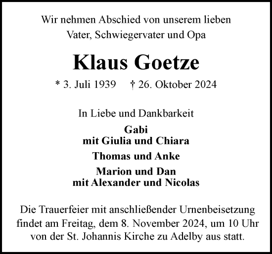 Traueranzeige von Klaus Goetze von Flensburger Tageblatt