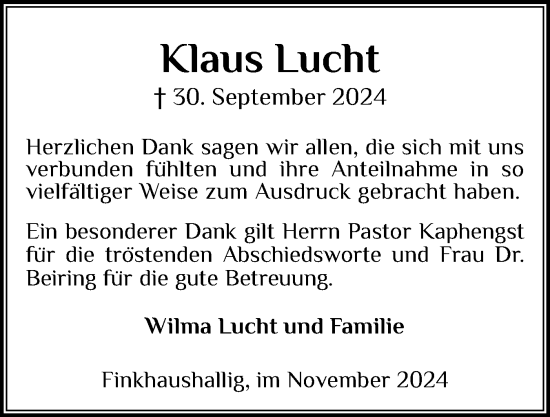 Traueranzeige von Klaus Lucht von Husumer Nachrichten, Nordfriesland Tageblatt