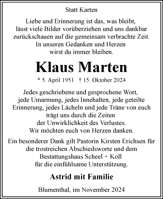 Traueranzeige von Klaus Marten von Eckernförder Zeitung, Hallo Eckernförde