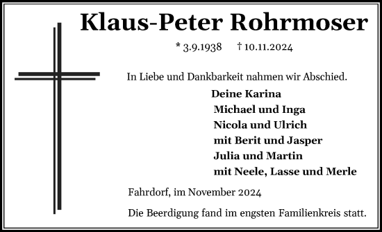 Traueranzeige von Klaus-Peter Rohrmoser von Schleswiger Nachrichten, Schlei-Bote