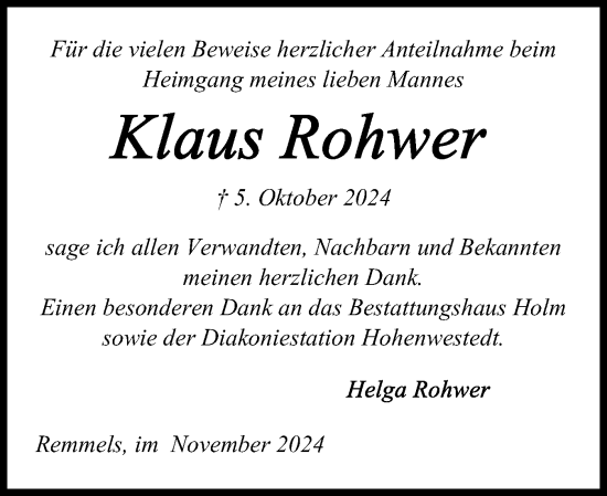 Traueranzeige von Klaus Rohwer von Schleswig-Holsteinische Landeszeitung