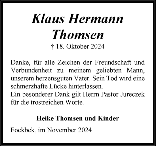 Traueranzeige von Klaus Hermann Thomsen von Schleswig-Holsteinische Landeszeitung