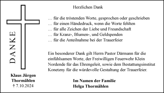 Traueranzeige von Klaus Jürgen Thormählen von Elmshorner Nachrichten, Barmstedter Zeitung