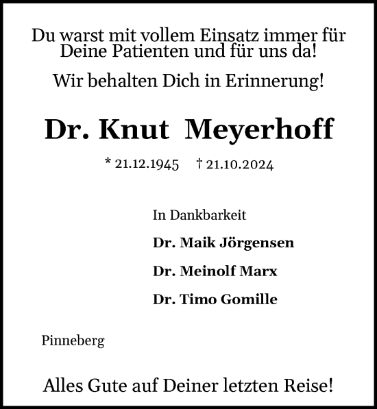 Traueranzeige von Knut Meyerhoff von Region Pinneberg und tip Pinneberg