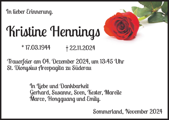 Traueranzeige von Kristine Hennings von Region Steinburg-Elmshorn