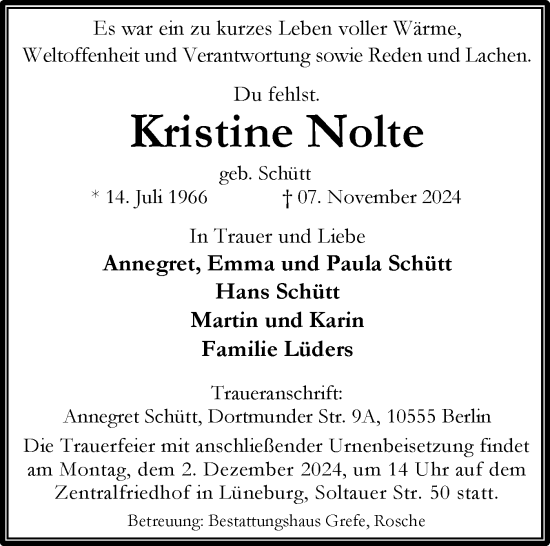 Traueranzeige von Kristine Nolte von Norddeutsche Rundschau, Wilstersche Zeitung, Glückstädter Fortuna