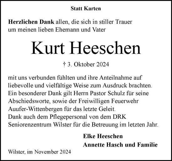 Traueranzeige von Kurt Heeschen von Norddeutsche Rundschau, Wilstersche Zeitung, Glückstädter Fortuna