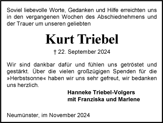 Traueranzeige von Kurt Triebel von Holsteinischer Courier