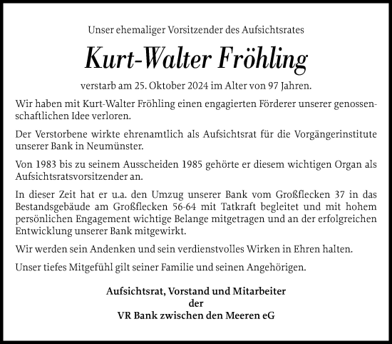 Traueranzeige von Kurt-Walter Fröhling von Holsteinischer Courier