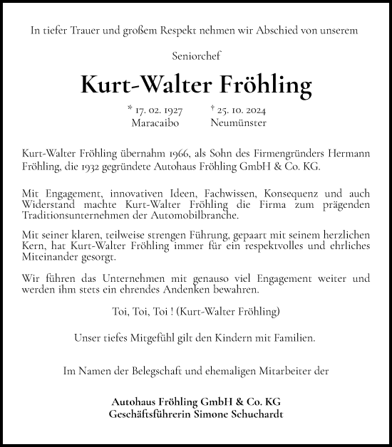 Traueranzeige von Kurt-Walter Fröhling von Holsteinischer Courier