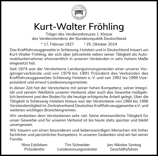 Traueranzeige von Kurt-Walter Fröhling von Holsteinischer Courier