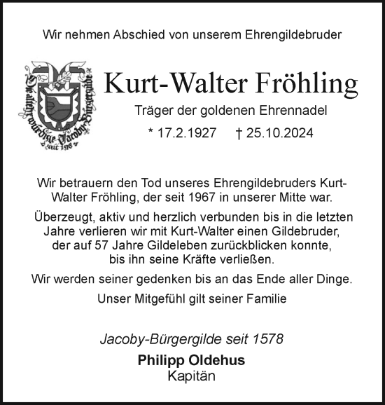 Traueranzeige von Kurt-Walter Fröhling von Holsteinischer Courier