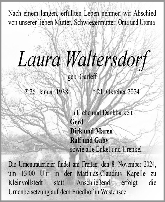 Traueranzeige von Laura Waltersdorf von Schleswig-Holsteinische Landeszeitung