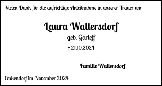 Traueranzeige von Laura Waltersdorf von Schleswig-Holsteinische Landeszeitung