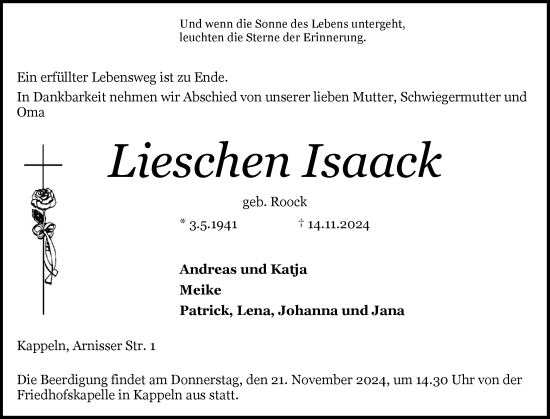 Traueranzeige von Lieschen Isaack von Schleswiger Nachrichten, Schlei-Bote